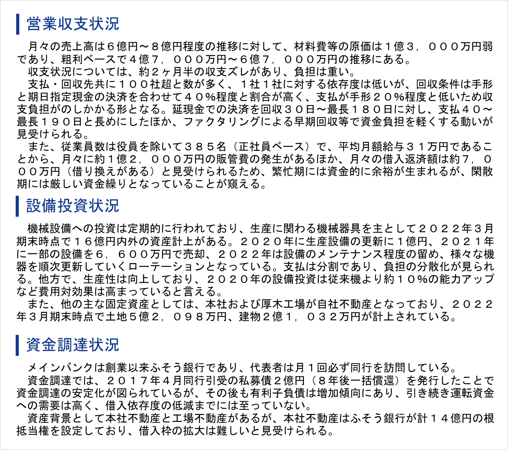 営業収支状況・設備投資状況・資金調達状況